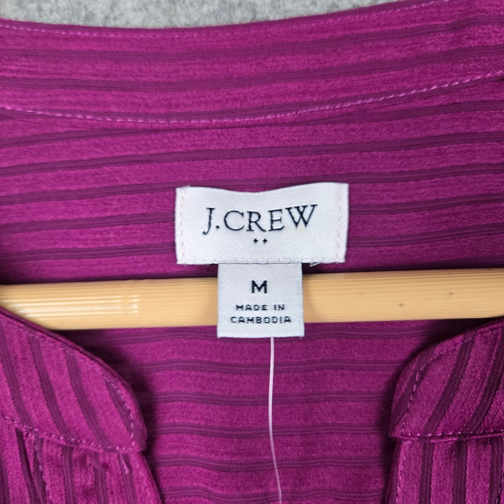 J.Crew Henley Blouse Womens Medium Magenta Stripe Satin Long Sleeve Chic NWT - Picture 4 of 9